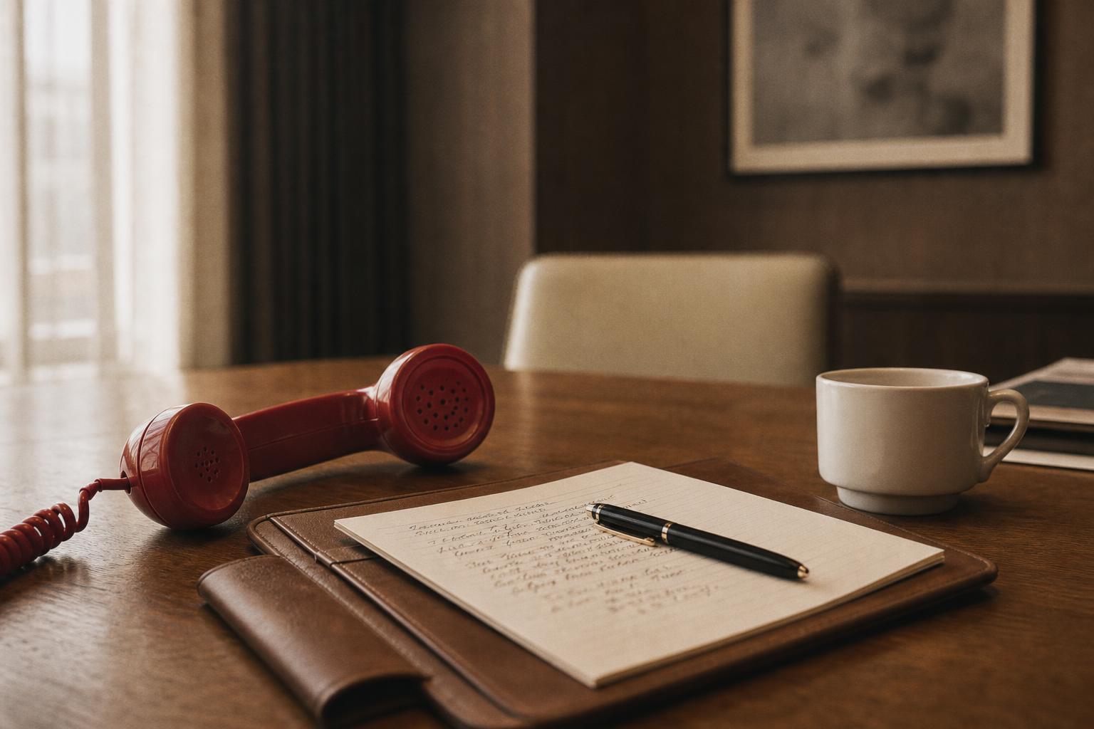 A red telephone handset off the hook beside a notepad of handwritten call notes
